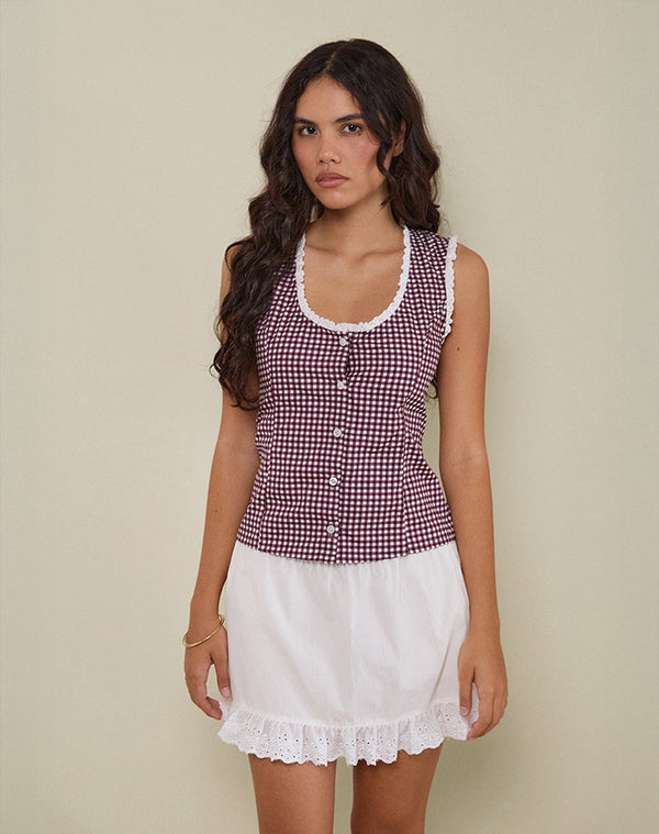 motel rocks Gronita Blouse in Mini Gingham Wine with White Lace