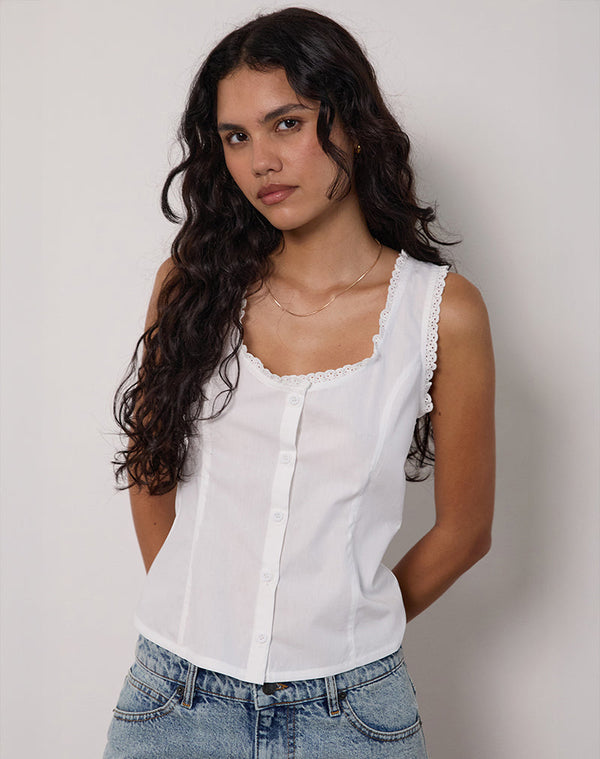 Motel Rocks Gronita Top In Poplin White With Broderie Trim