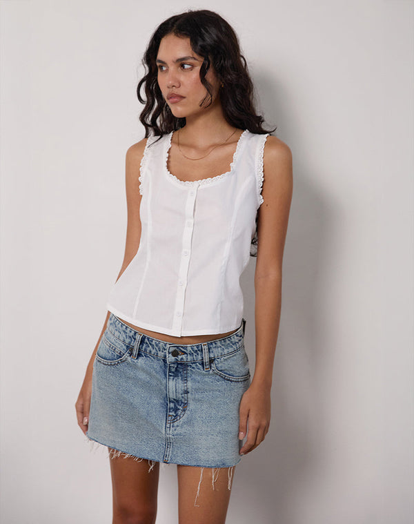 motel rocks Gronita Top in Poplin White with Broderie Trim