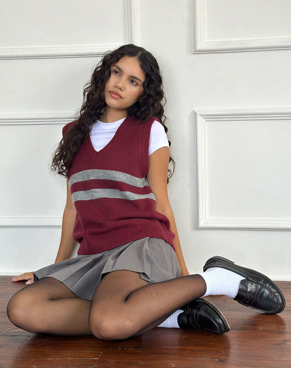 motel rocks Guria Vest in Maroon Red with Grey Stripe