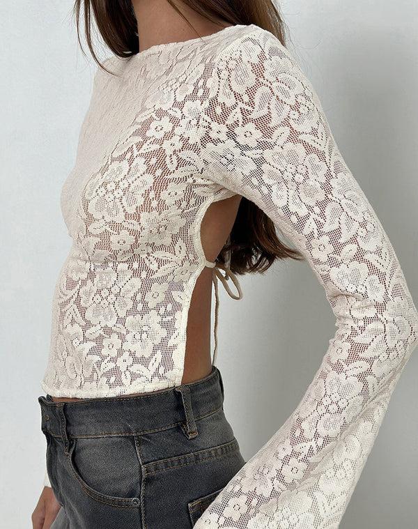 motel rocks Halfi Long Sleeve Top in Hibiscus Crochet Lace Ivory