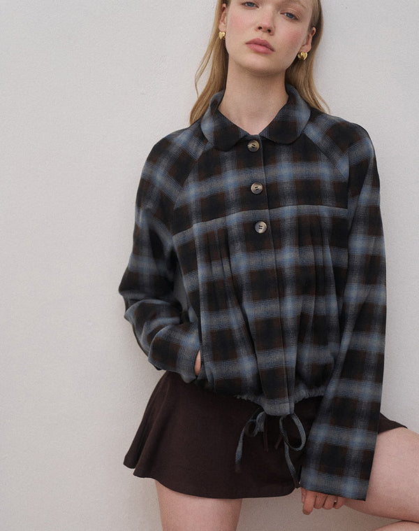 Motel Rocks Harana Collar Jacket In Blue And Brown Check