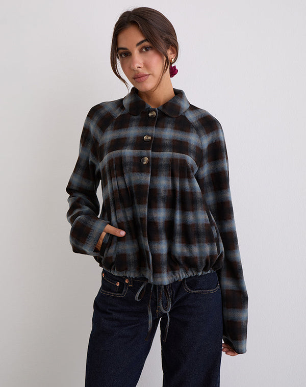 motel rocks Harana Collar Jacket in Blue and Brown Check