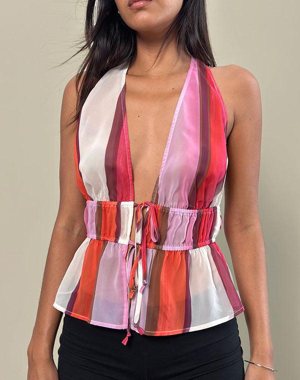 Motel Rocks Hassna Halterneck Top In Pink Chiffon Painted Stripe