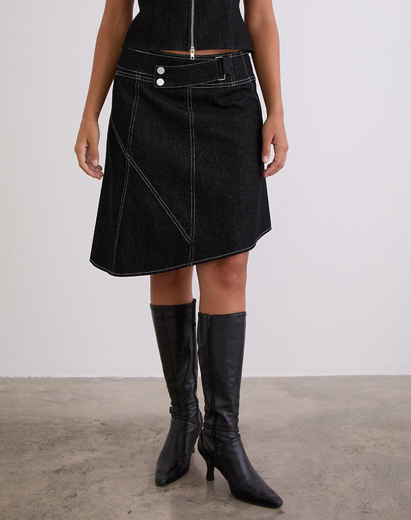 Motel Rocks Hayashi Asymmetrical Midi Skirt In Denim Black Wash