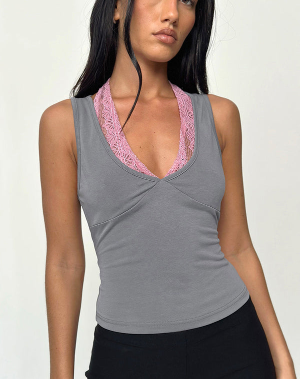 motel rocks Helma Halterneck Top in Grey with Pink Lace