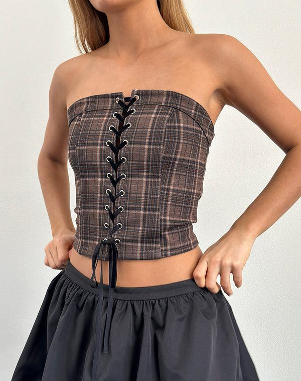 Motel Rocks Heska Lace Front Corset Top In Brown Check