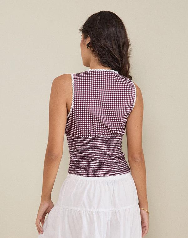 Motel Rocks Hevalis Plunge Top In Mini Gingham Wine