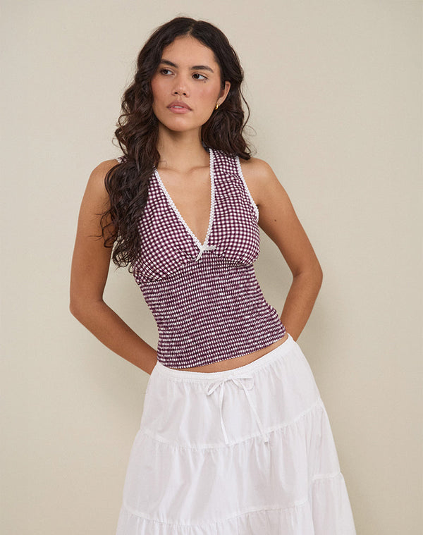 motel rocks Hevalis Plunge Top in Mini Gingham Wine