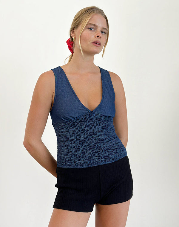 motel rocks Hevalis Shirred Top in Indigo Denim Chambray