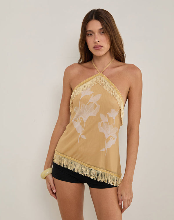 Motel Rocks Howard Halter Fringe Top In Flower Yellow White