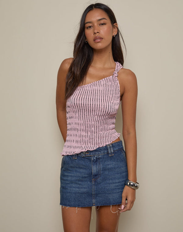 motel rocks Idari One Shoulder Top in Stripe Textured Mesh Soft Pink