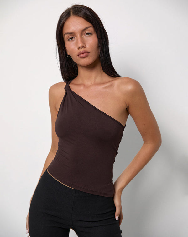 motel rocks Idra Asymmetric Top in Jersey Bitter Chocolate
