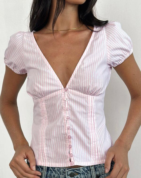 Motel Rocks Inasha Top In Candy Pink Small Vertical Stripe