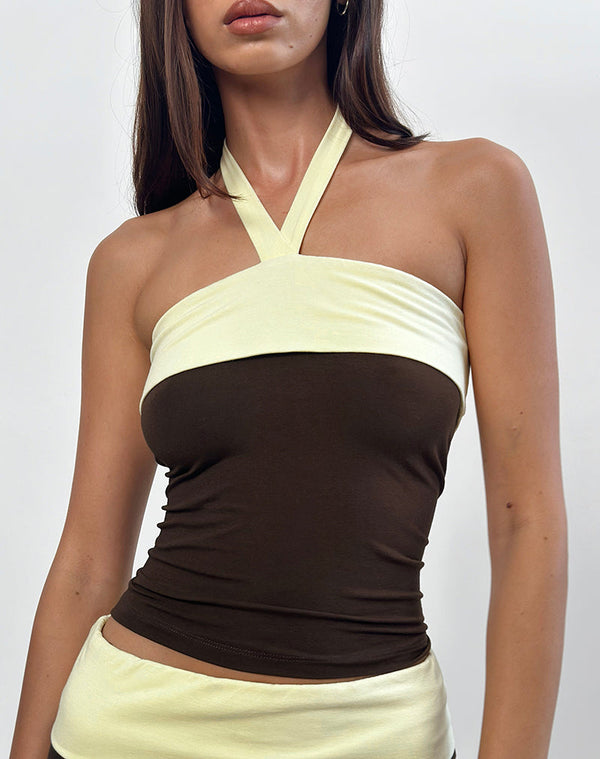 Motel Rocks Inrida Halterneck Top In Chocolate Brown And Lemon