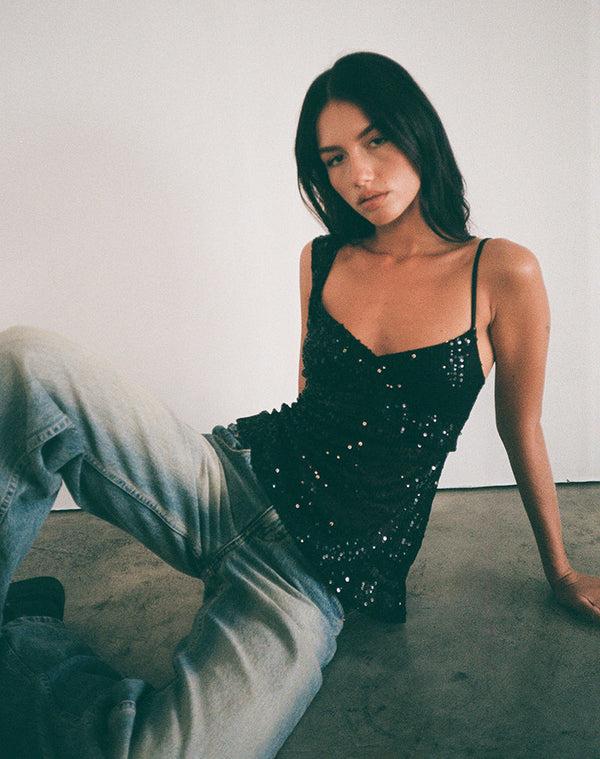 Motel Rocks Iranila Asymmetric Top In Gauzy Sequin Black