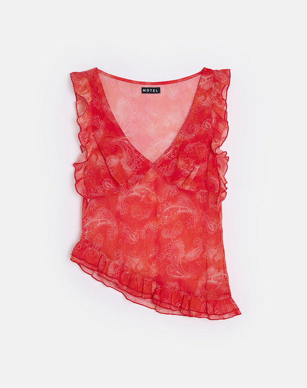 Motel Rocks Iravela Asym Top In Paisley Chiffon Red