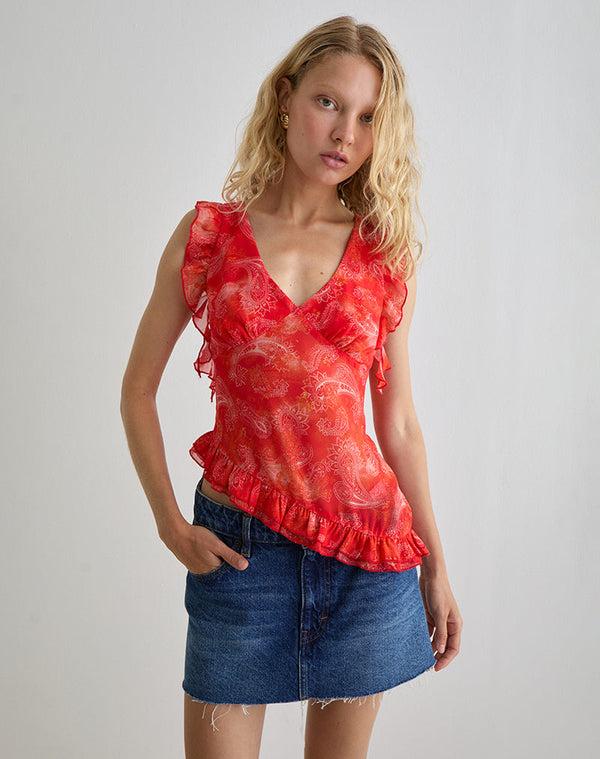 motel rocks Iravela Asym Top in Paisley Chiffon Red
