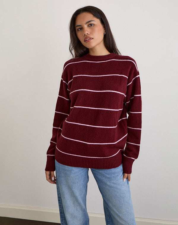 motel rocks Ishari Knitted Jumper in Burgundy with Pink Stripe