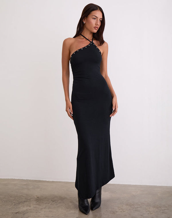 Motel Rocks Ishikawa Asymmetrical Maxi Dress With Eyelets In Black