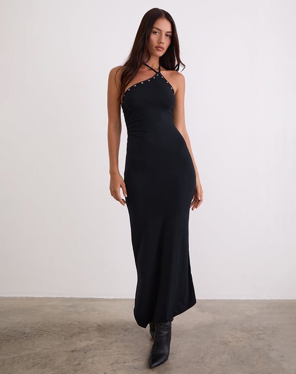 motel rocks Ishikawa Asymmetrical Maxi Dress with Eyelets in Black
