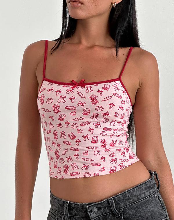 Motel Rocks Isna Cami Top In Girlie Print With Red Binding
