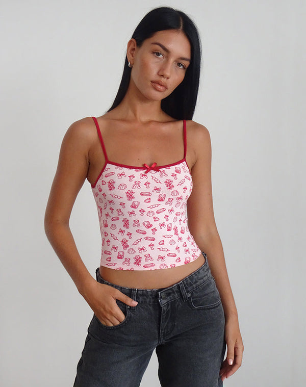 motel rocks Isna Cami Top in Girlie Print with Red Binding