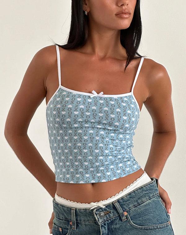 Motel Rocks Isna Cami Top In Powder Blue XO Heart Print