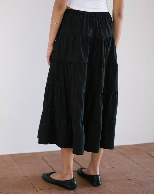 Motel Rocks Izumi Tiered Midi Skirt In Poplin Black