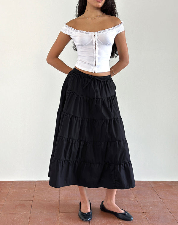 motel rocks Izumi Tiered Midi Skirt in Poplin Black
