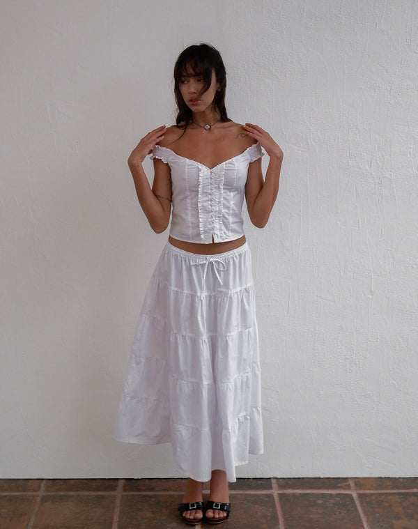 Motel Rocks Izumi Tiered Midi Skirt In Poplin White
