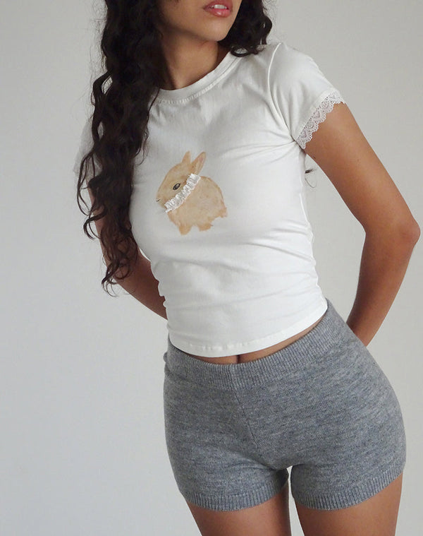 motel rocks Izzy Baby Tee in Off White with Rabbit Print