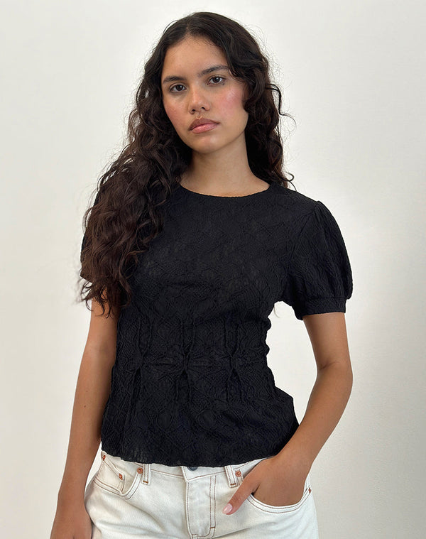 Motel Rocks Jaina Puff Sleeve Top In Textured Black