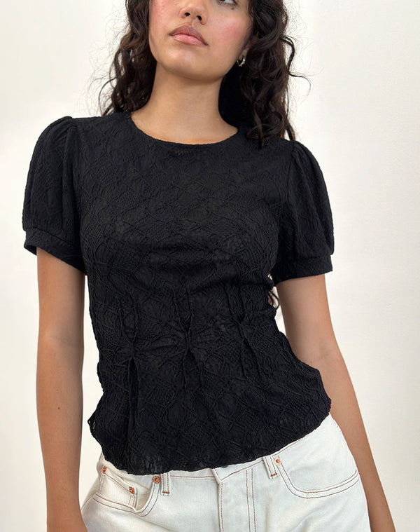 motel rocks Jaina Puff Sleeve Top in Textured Black