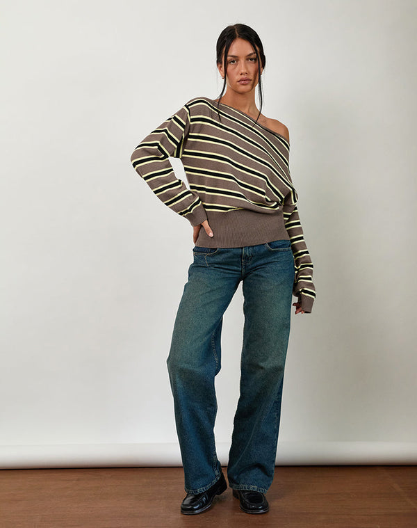Motel Rocks Jalira Asymmetric Cinch Jumper In Stripe Brown And Yellow
