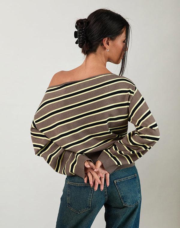 Motel Rocks Jalira Asymmetric Cinch Jumper In Stripe Brown And Yellow