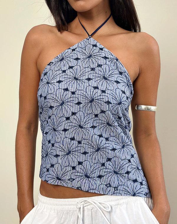 Motel Rocks Janisa Halterneck Top In Blue Striped Flowers