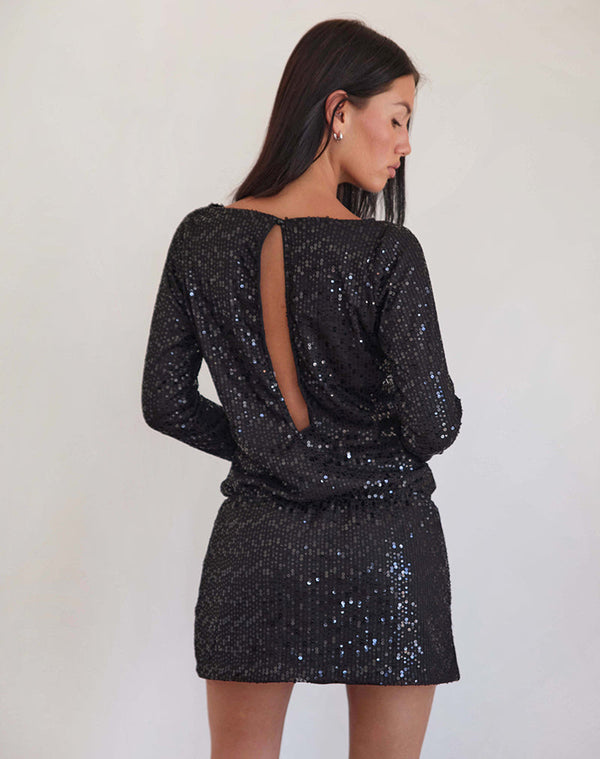 Motel Rocks Jasilia Long Sleeve Mini Dress In Gauzy Sequin Black