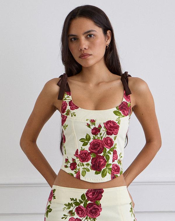 Motel Rocks Jatmi Corset Top In Bouquet Roses Cream