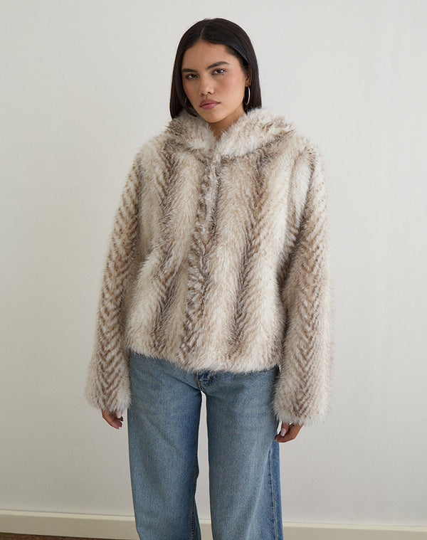 Motel Rocks Jemi Hooded Cropped Faux Fur Jacket In Cream