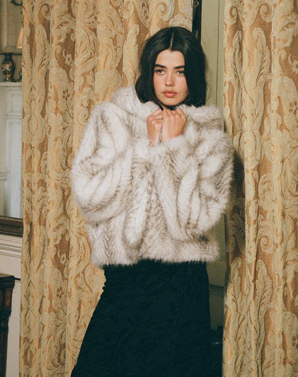 Motel Rocks Jemi Hooded Cropped Faux Fur Jacket In Cream