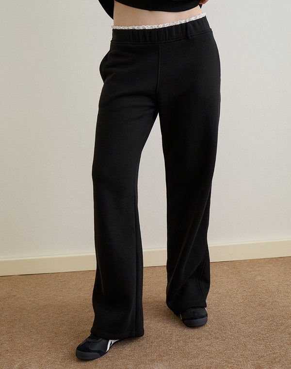 Motel Rocks Jenita Loose Jogger In Black With White Picot Trim