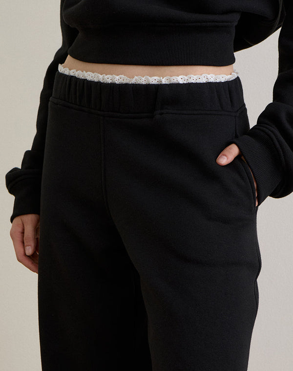 Motel Rocks Jenita Loose Jogger In Black With White Picot Trim