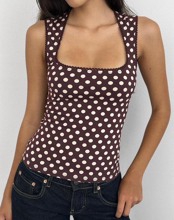 Motel Rocks Jinalo Sweetheart Top In Brown With Small Cream Polka Prints