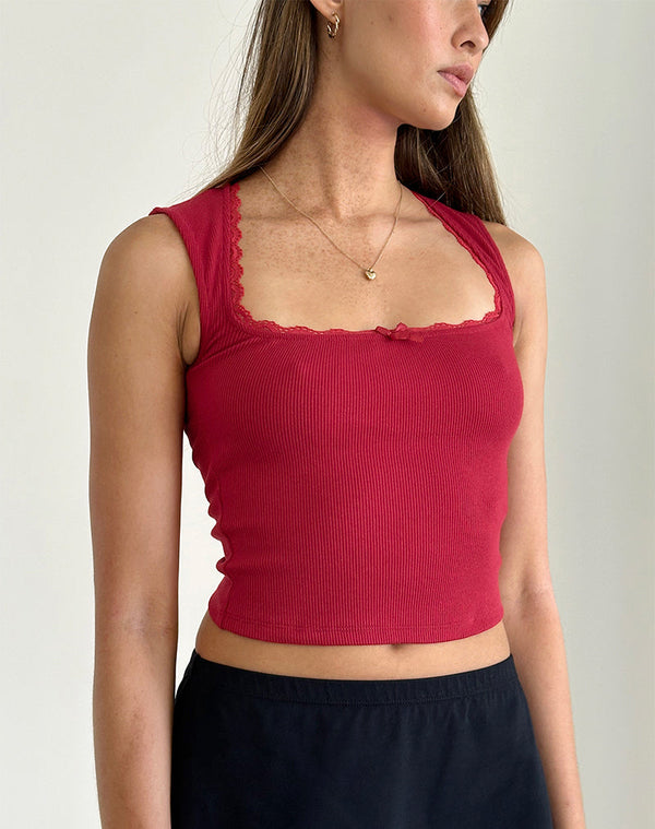 Motel Rocks Jinila Top In Adrenaline Red With Lace Trim And Bow
