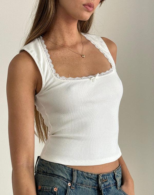 motel rocks Jinila Top in Off White with Bow and Lace Trim