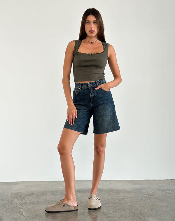 Motel Rocks Jinila Top In Olive With Lace Trim And Bow
