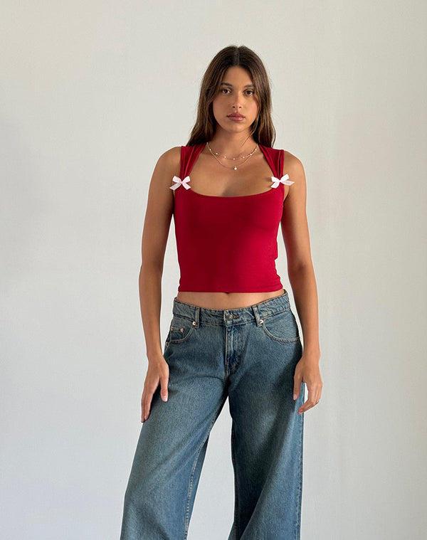 Motel Rocks Jiniso Crop Top In Adrenaline Red With Pink Bows