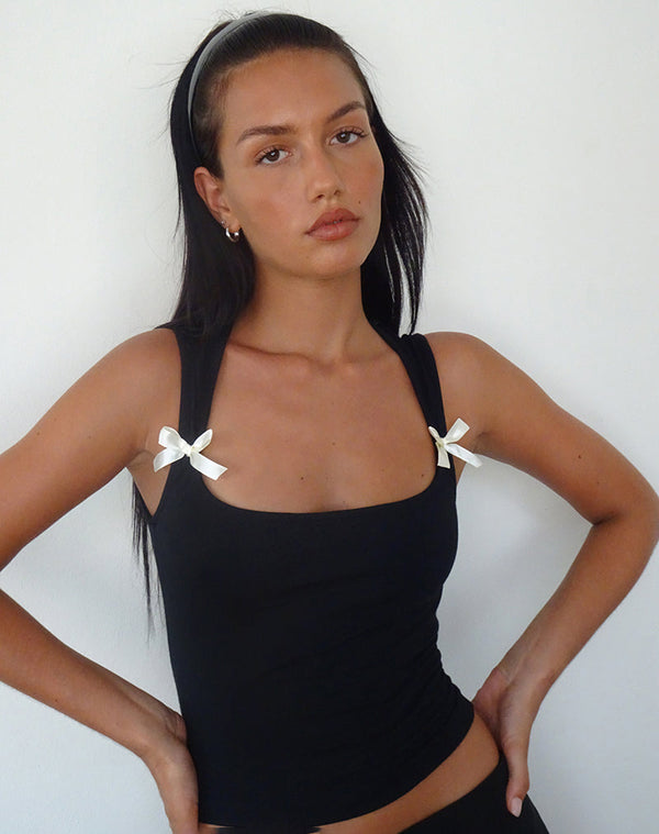 motel rocks Jiniso Crop Top in Black with Ivory Bows
