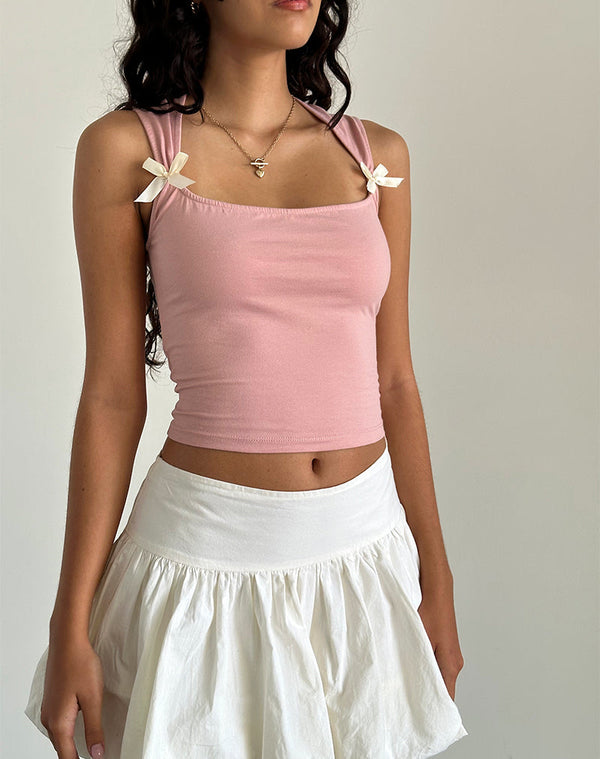 Motel Rocks Jiniso Crop Top In Pink Lady With Ivory Bows